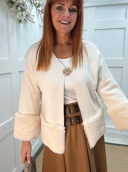 Pixi: Cream faux fur & gold buckle coatigan. One size: 12-18