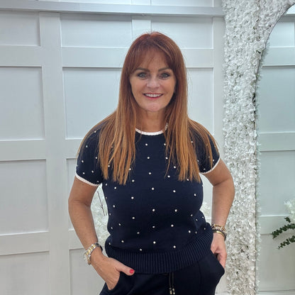 Noelle: Navy stretchy knit rhinestone top. 2 sizes