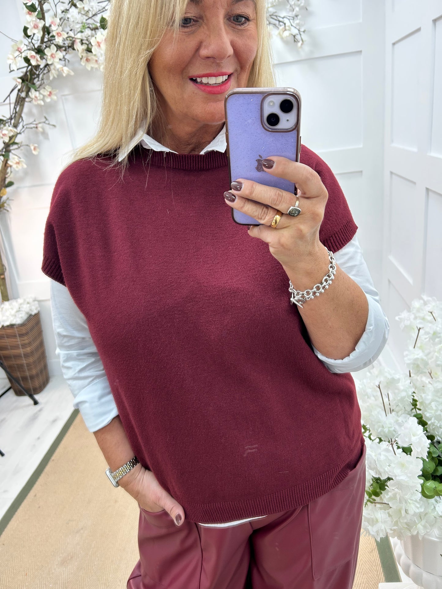 Lavina: Burgundy shirt layered knit. One Size: 10-18