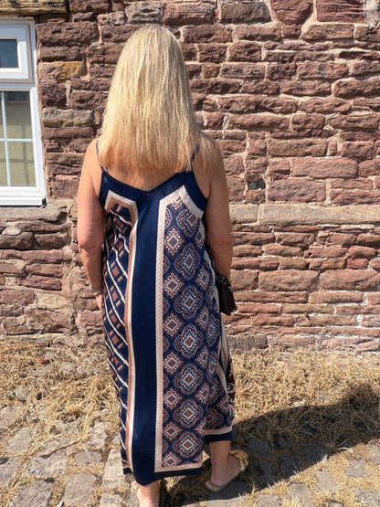 Scarlett: Silky geometric printed maxi dress. One size 10-16. 4 colours
