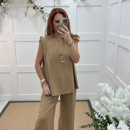 Ember: Sand frill sleeve top & pendant. One size: 14-20