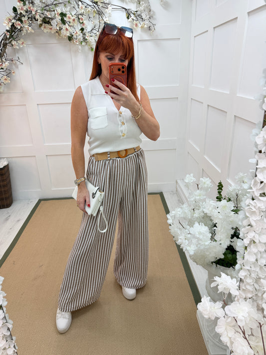 Tiff: Brown stripe wide leg belted trousers. One size: 10-16
