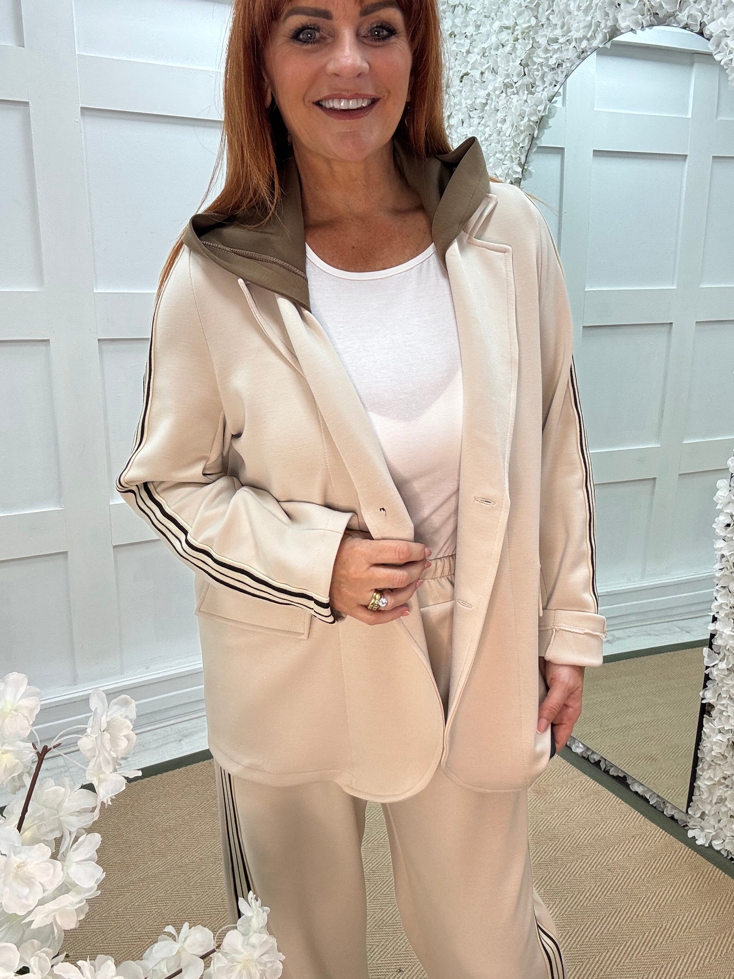 CJ: Cream hooded sports stripe sleeve blazer. One size: 12-18