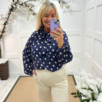 Dotty: Navy & cream spotty tie top. One size: 14-20