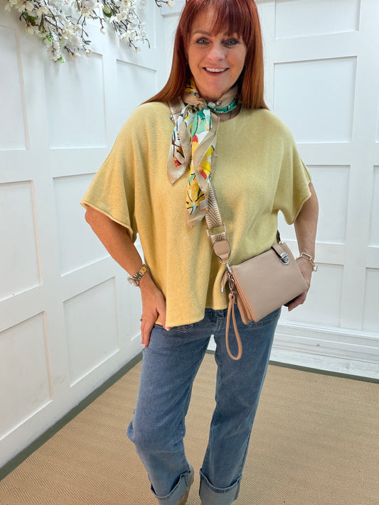 Carrie: Honey mustard short knitted top. One size: 12-18/20