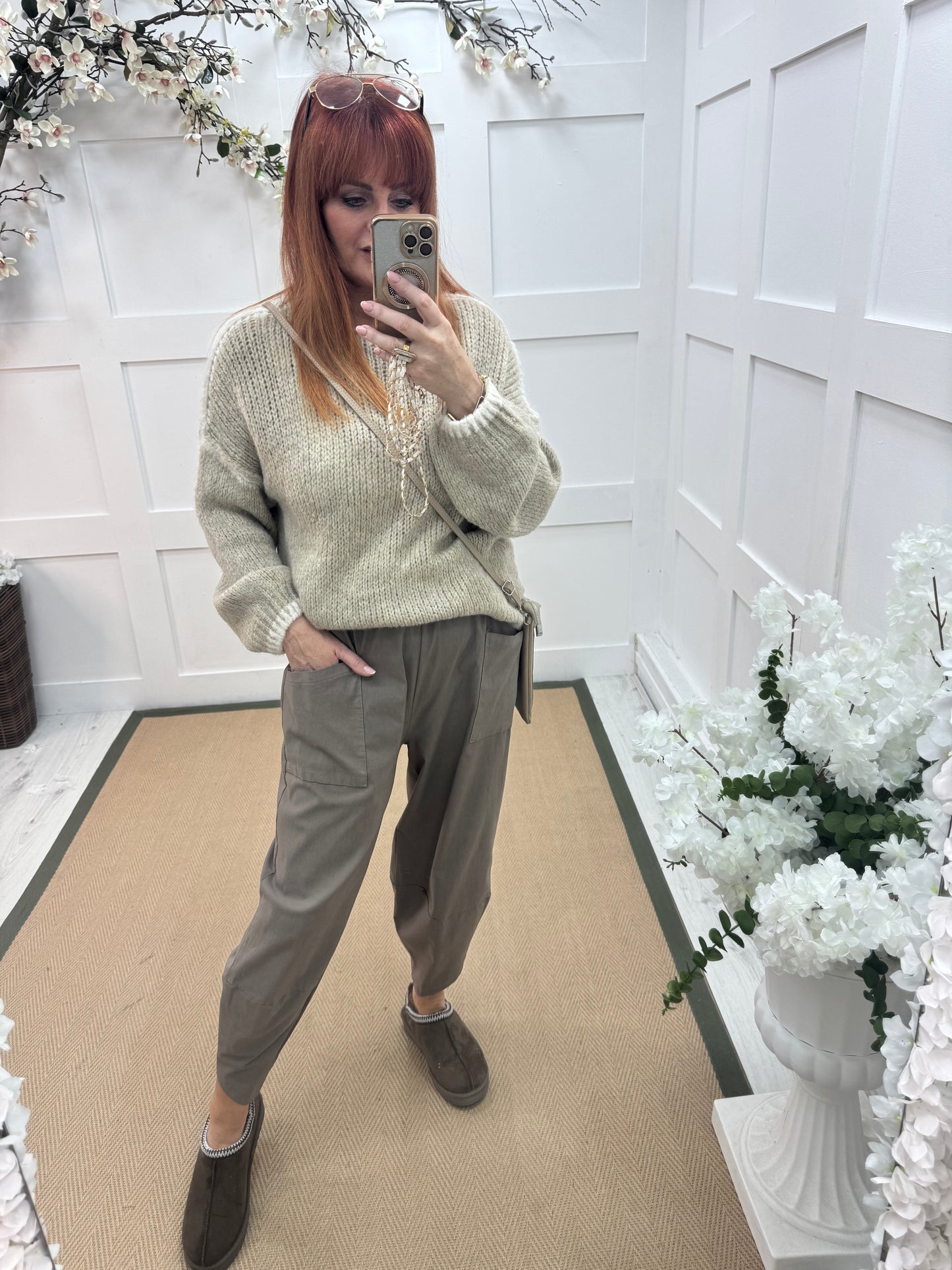 Taylor: Mocha cocoon harem trousers. One Sz: 10-16
