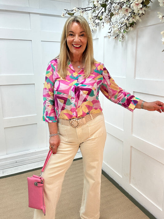 Anya: Pink 3/4 sleeve abstract print button up shirt. 4 sizes.