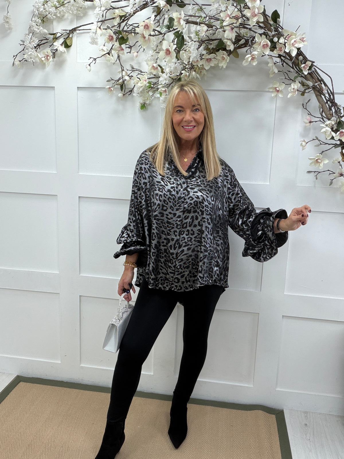 Lauren: Leopard print metallic shirt with statement sleeves. One size: 14-20. 2 colours