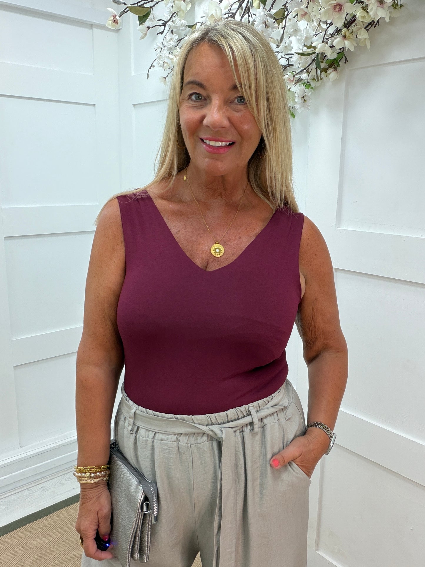 Vanessa: Stretchy V neck basic vest top. One size: 8-14. 3 colours