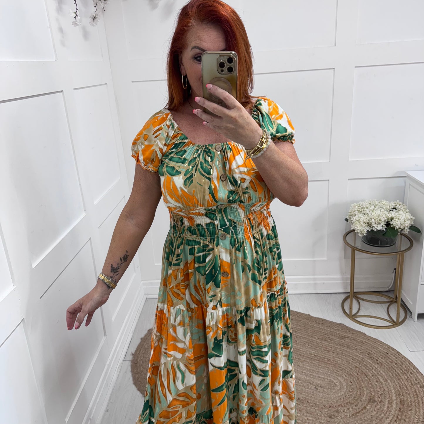 Elsa: Orange & green stretchy bardot maxi dress. One size: 10-20