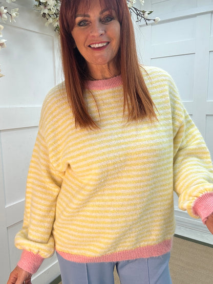 Amelia: Lemon stripe knitted top. One size: 12-16