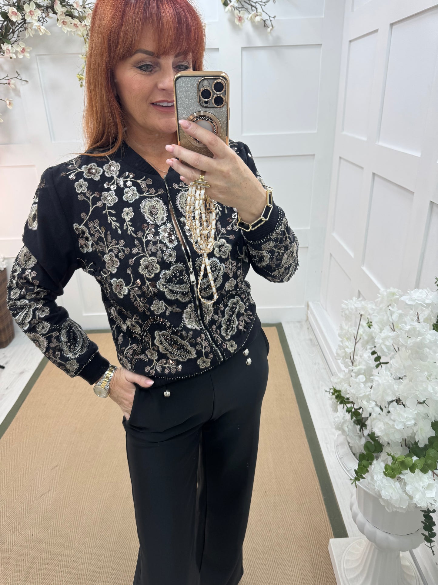 Shelby: Black & gold sequin floral bomber jacket. 3 sizes