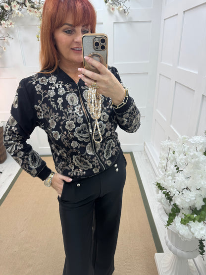 Shelby: Black & gold sequin floral bomber jacket. 3 sizes