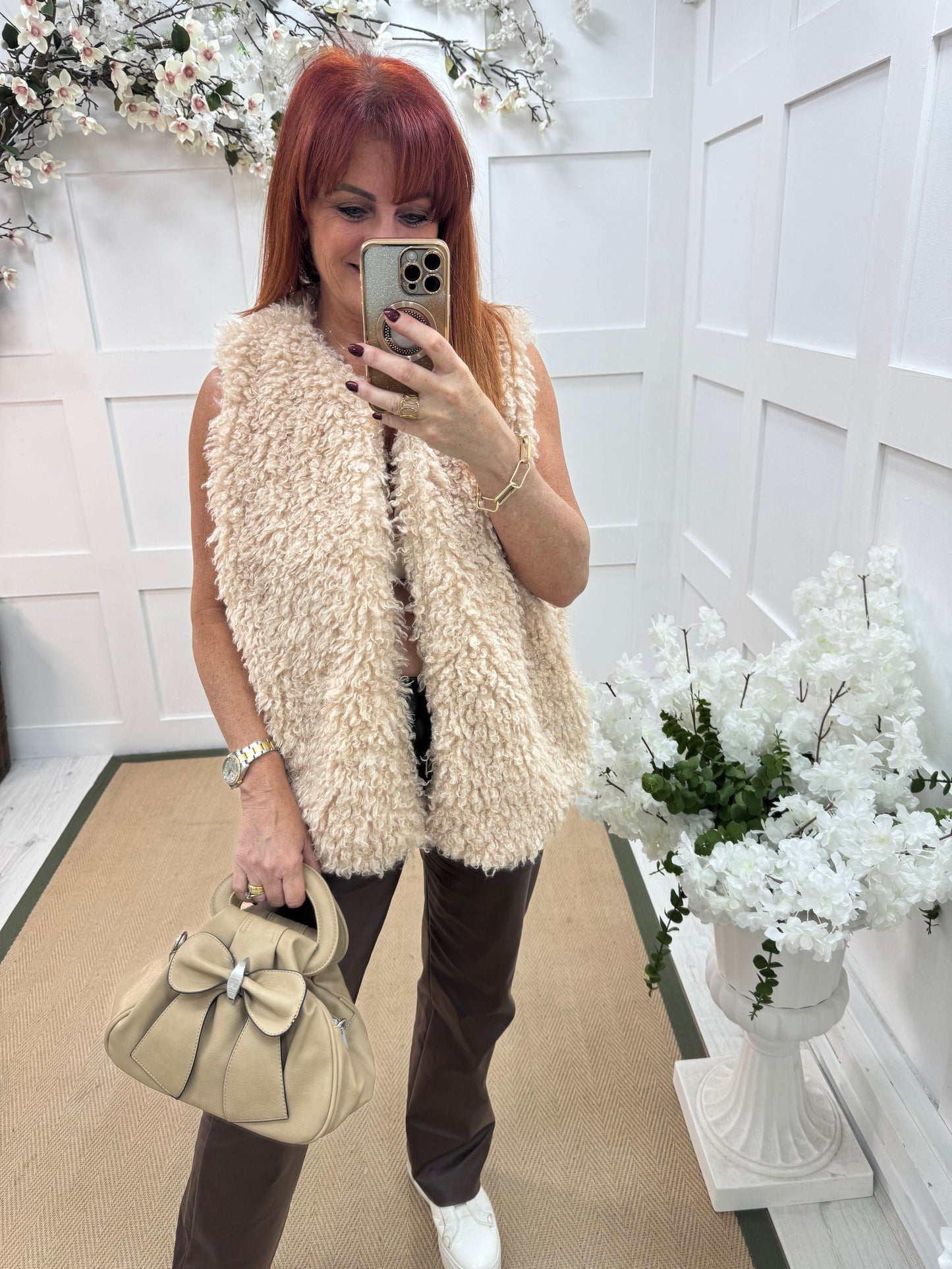 Hassie: Cream teddy bear gilet. One size 16-20