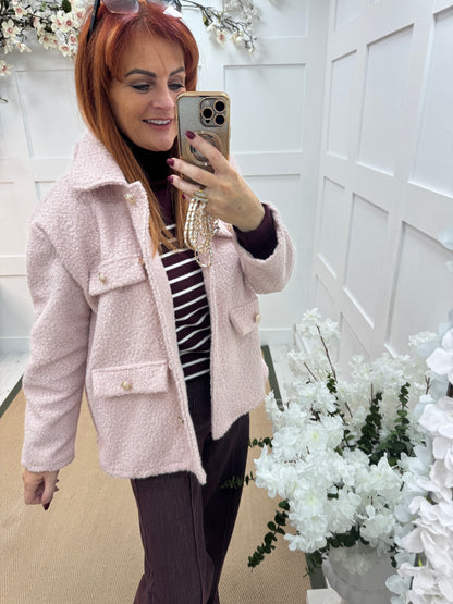 Bridget: Baby pink short boucle button jacket. One: 12-20