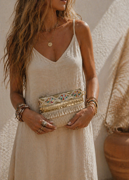 Estelle: Embroidered fringe clutch bag. 3 colours.
