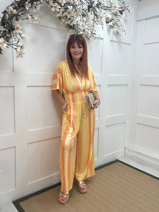 Gia: Yellow and gold speckle wide leg jumpsuit. One size: 12-18