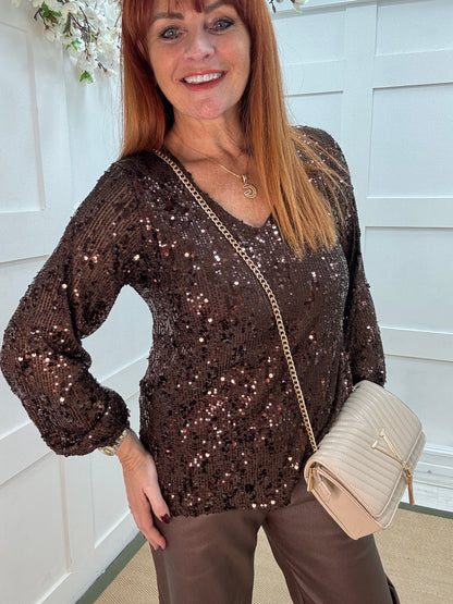 Sutton: Brown v-neck sequin top. One size: 12-16