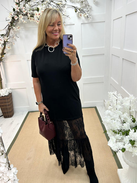 Celeste: Black lace maxi dress. One size: 14-18