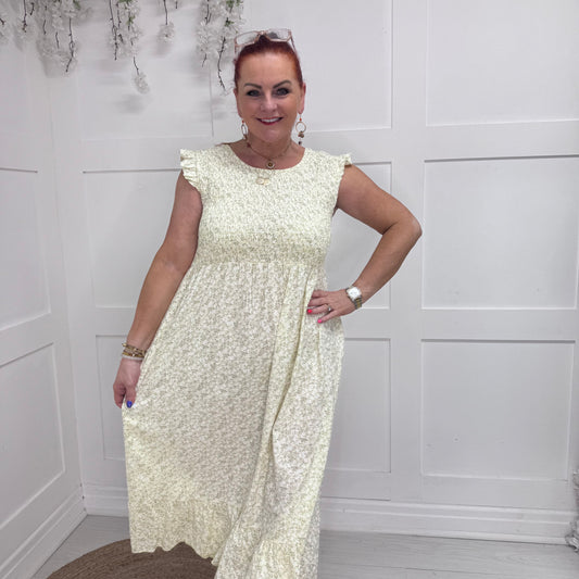 Lexi: Ditsy lemon floral midi dress. One size 8-16/18