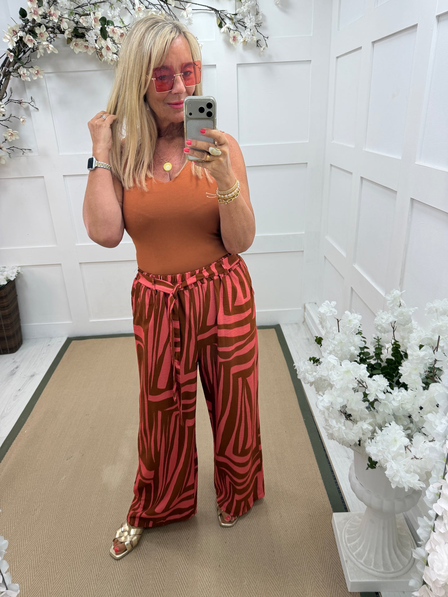 Tanaya: Printed wide leg trousers with belt. One size: 10-16. 4 colours