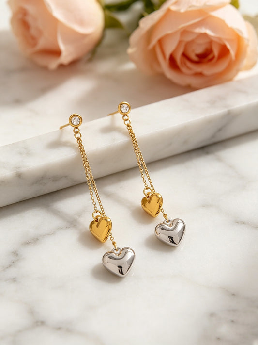 Honey: 18 K gold double heart earrings