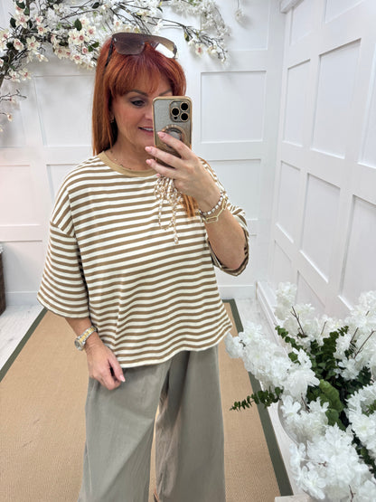 Sobia: Brown & cream striped cotton top. One size 12-18
