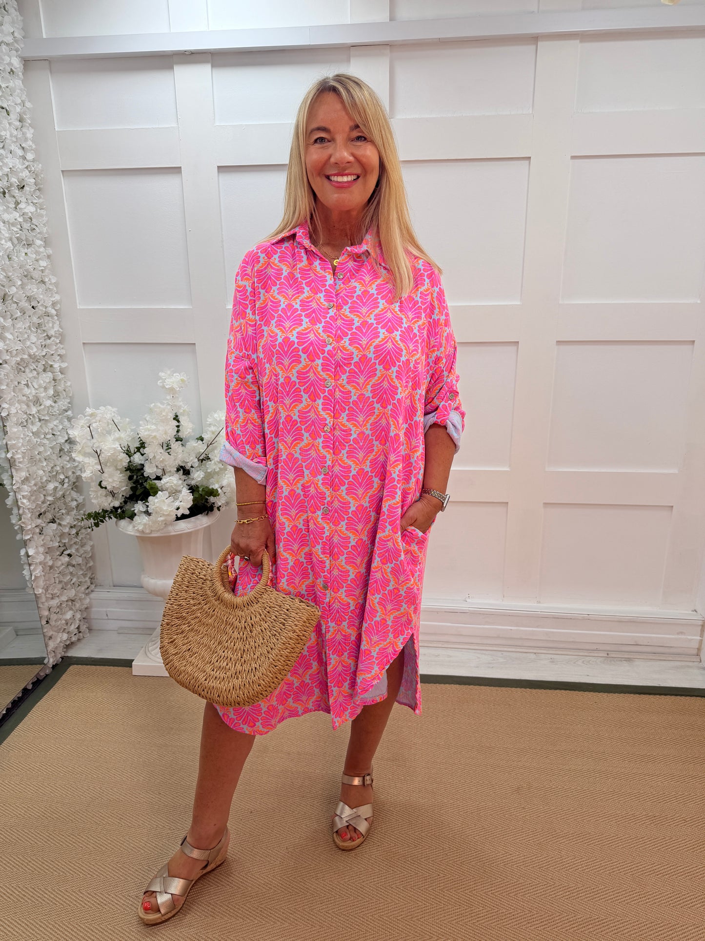 Didi: Printed cheesecloth shirt dress. One size: 12-18. 2 colours