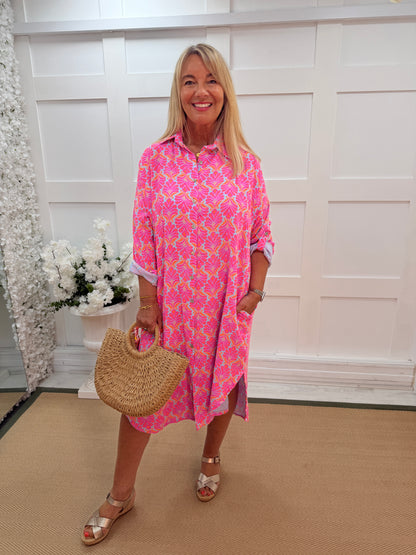 Didi: Printed cheesecloth shirt dress. One size: 12-18. 2 colours
