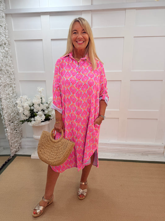 Didi: Printed cheesecloth shirt dress. One size: 12-18. 2 colours