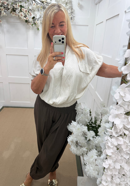 Tammy: Short sleeve utility top. One size: 10-18. 4 colours