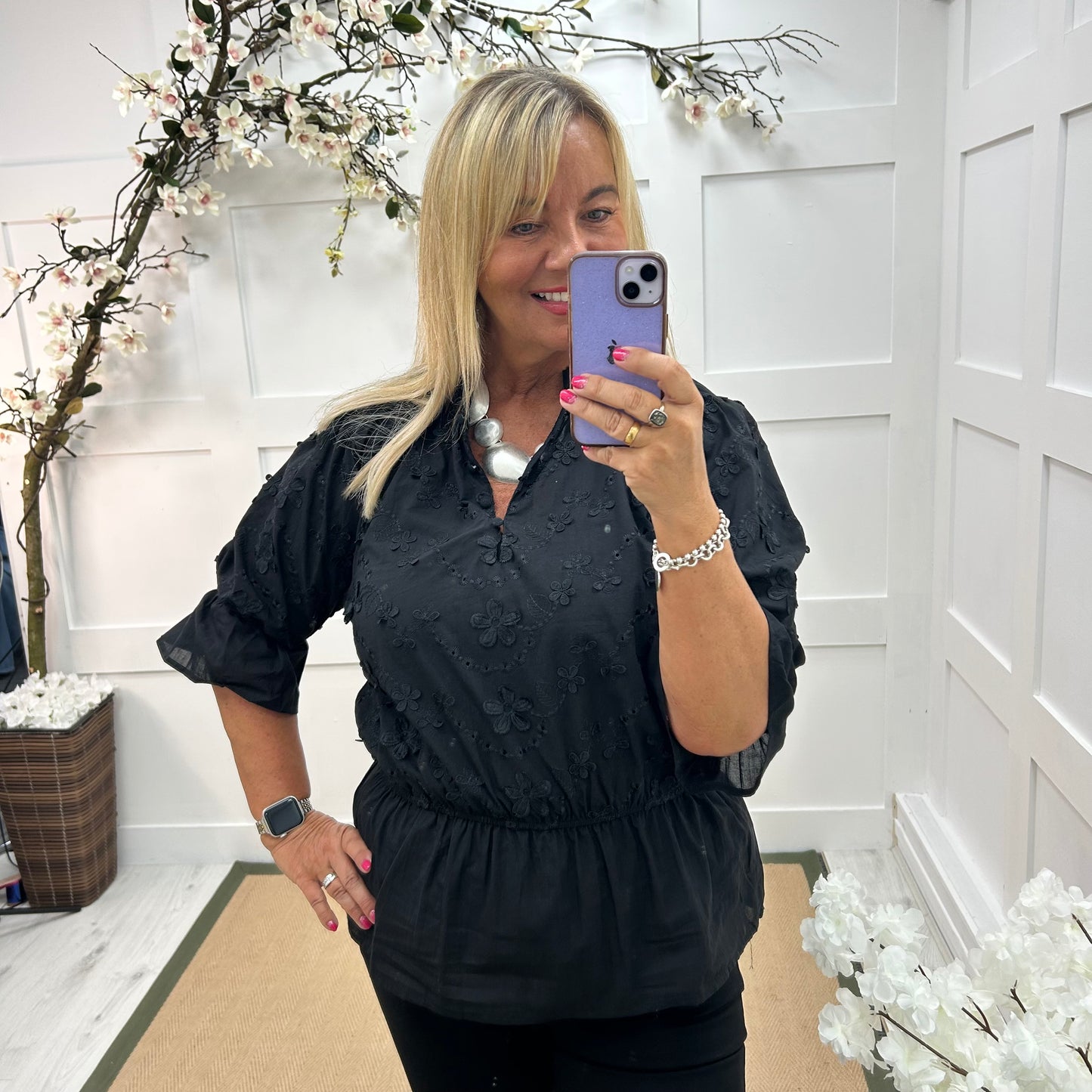 Joanie: Black cotton embroidered shirt. One size: 12-18