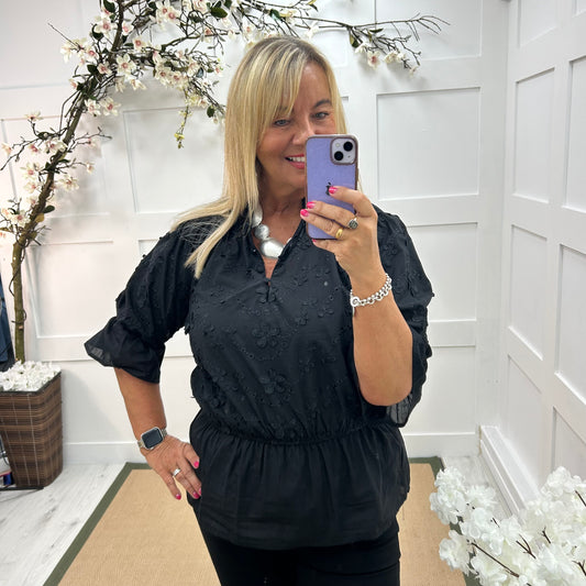 Joanie: Black cotton embroidered shirt. One size: 12-18