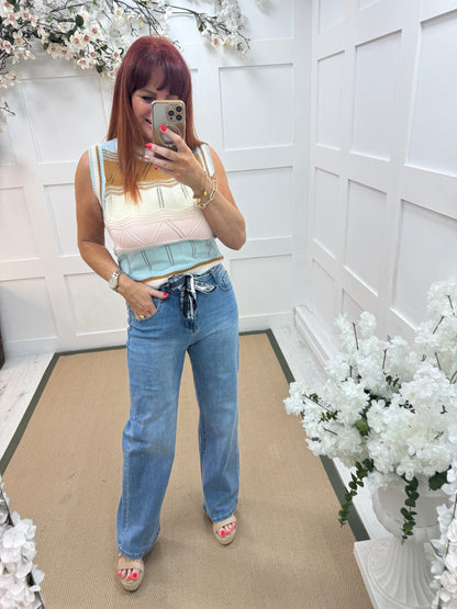 Jess: Washed denim high waist wide leg jeans. Sizes: 8-18