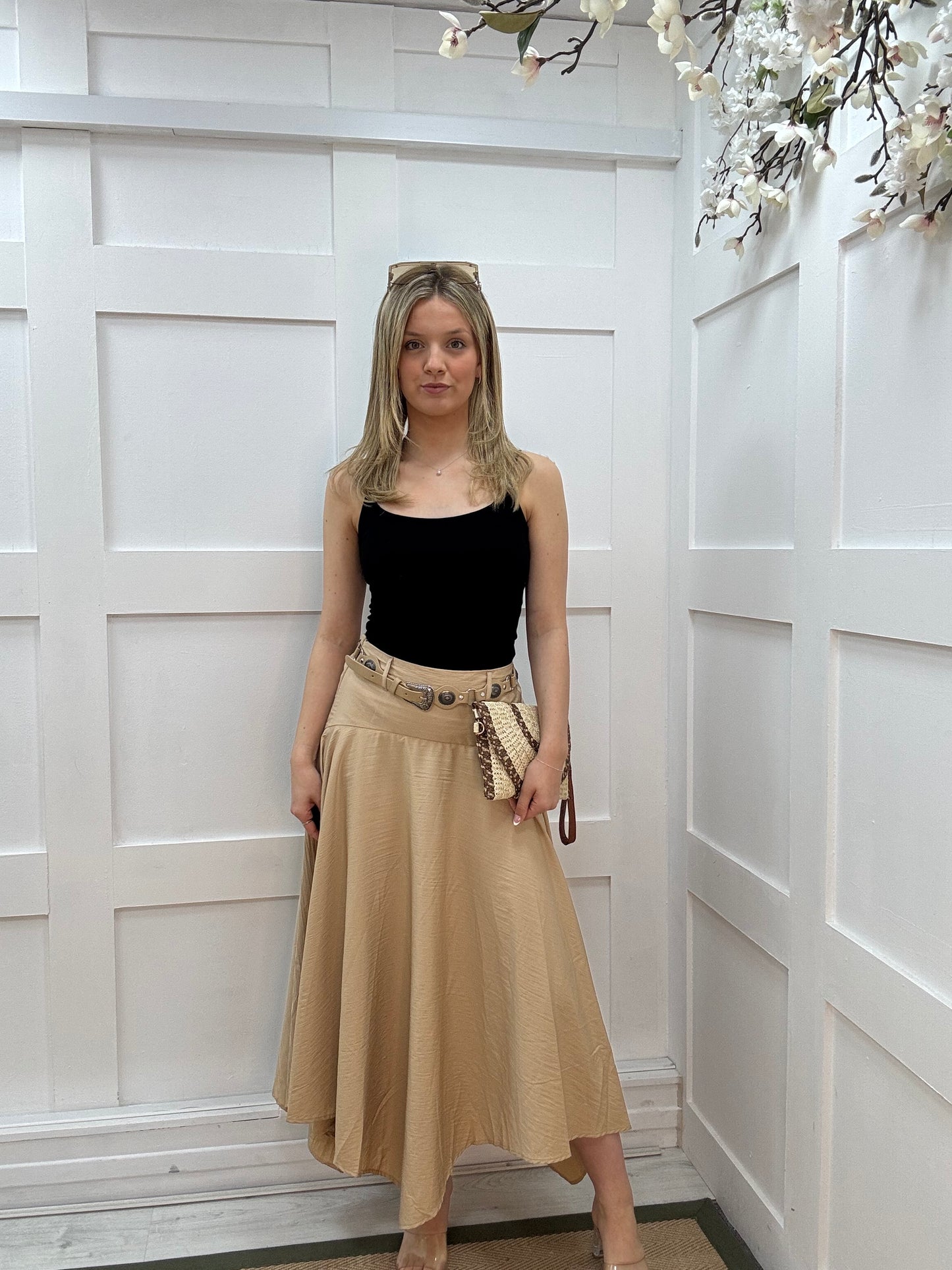 Sandy: Belted bohemian flared maxi skirt. 3 sizes. 2 colours