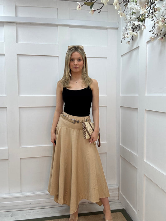Sandy: Belted bohemian flared maxi skirt. 3 sizes. 2 colours