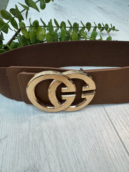 Calla: Brown gold GG buckle wide belt. One size: 8-16