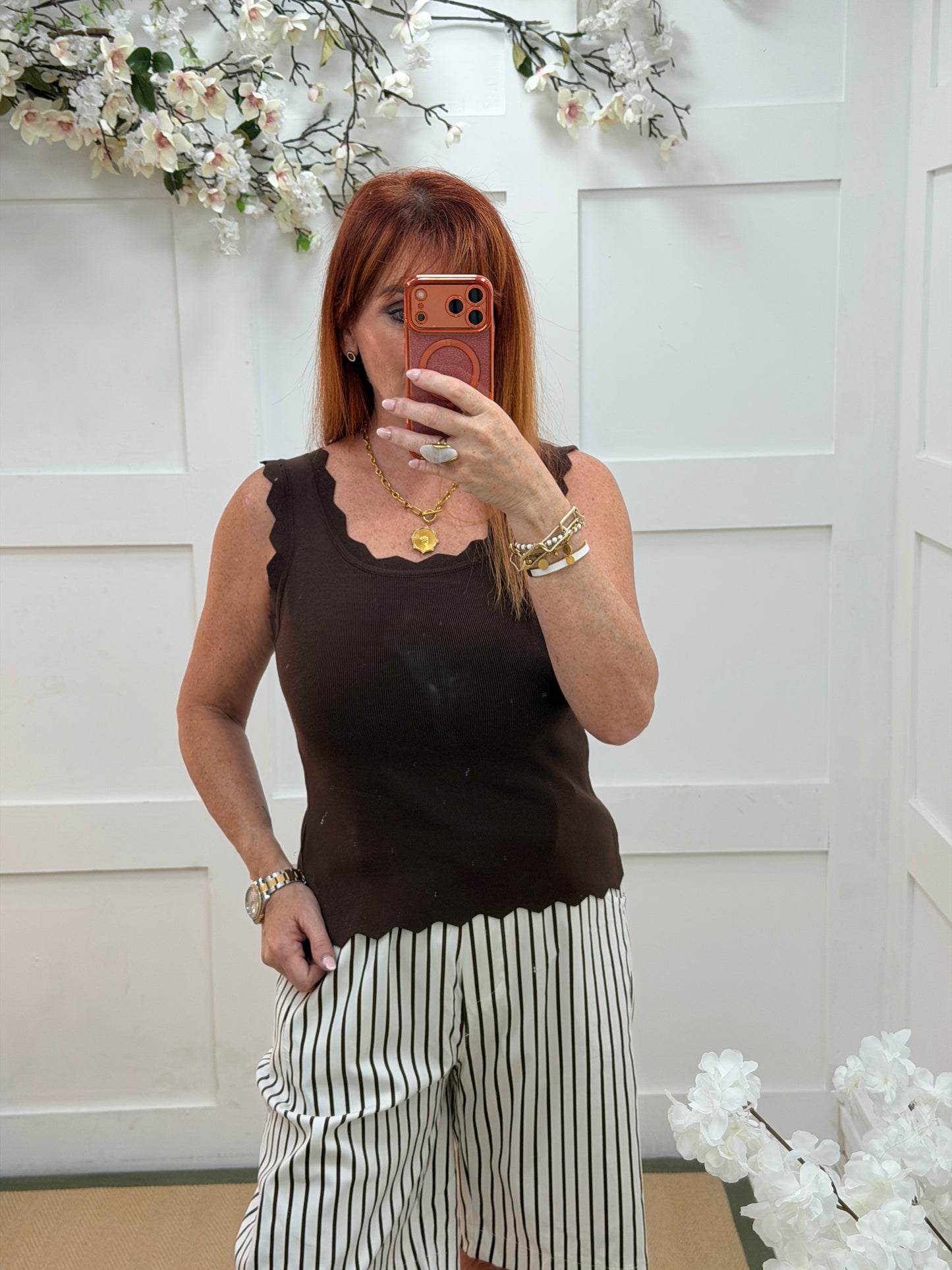 Sadie: Stretchy scalloped neck vest. One size: 8-14. 2 colours