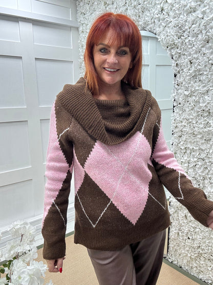 Pammi: Pink & brown argyle knit top. One size: 10-16