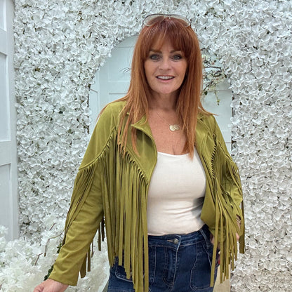 Heidi: Green short suede fringe jacket. One size: 8-14