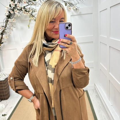 Marina: Coffee long suedette trench coat. One size 12-18