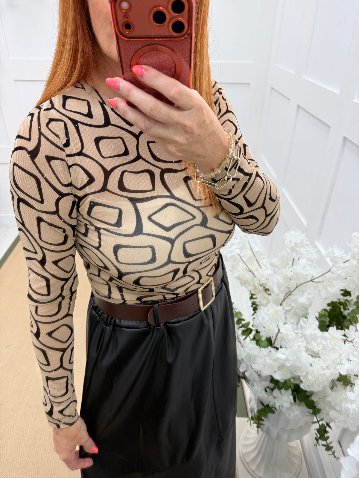 Raye: Camel & black geometric print diamante mesh bodysuit. 2 sizes