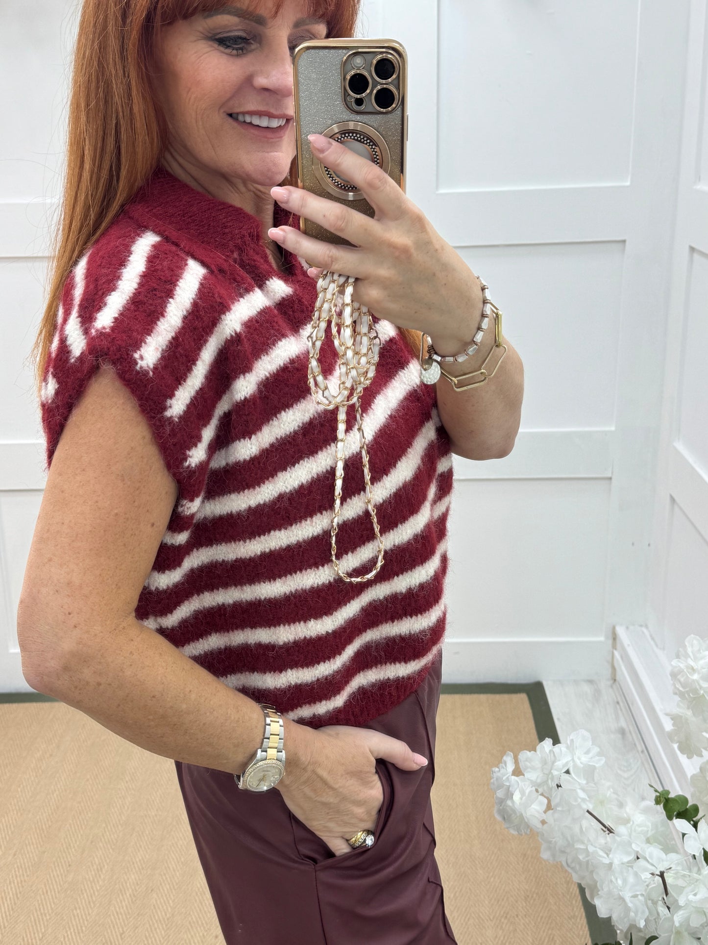 Talisa: Burgundy & cream stripe sleeveless top. One size 12-18