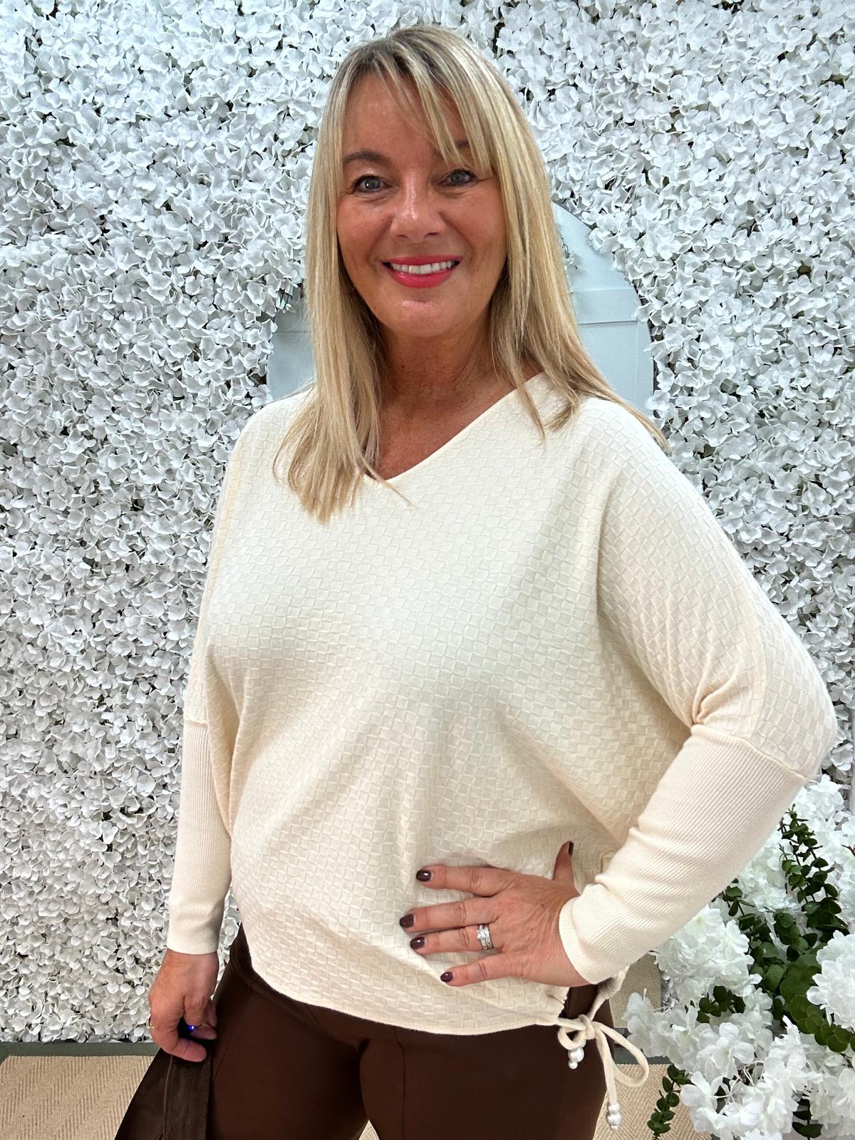 Aria: Cream waffle tie top. One size 16-22