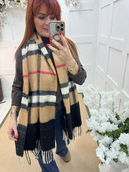 Britt: Sand check designer inspired cashmere blend scarf