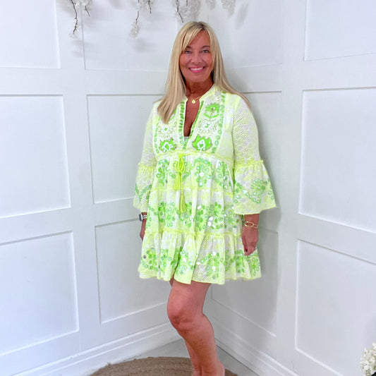 Skylar: Neon lime short embroidered sequin dress. One size: 12-18