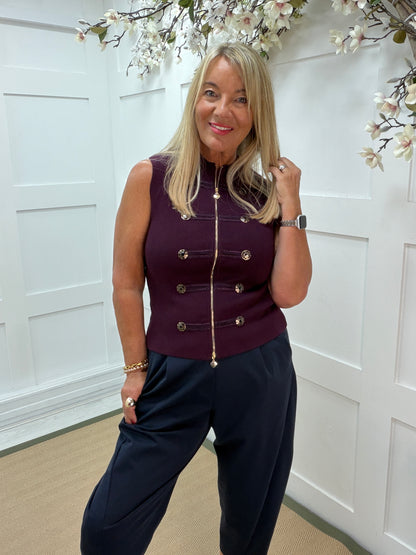 Mimi: Burgundy military knit waistcoat top. One size: 8-14