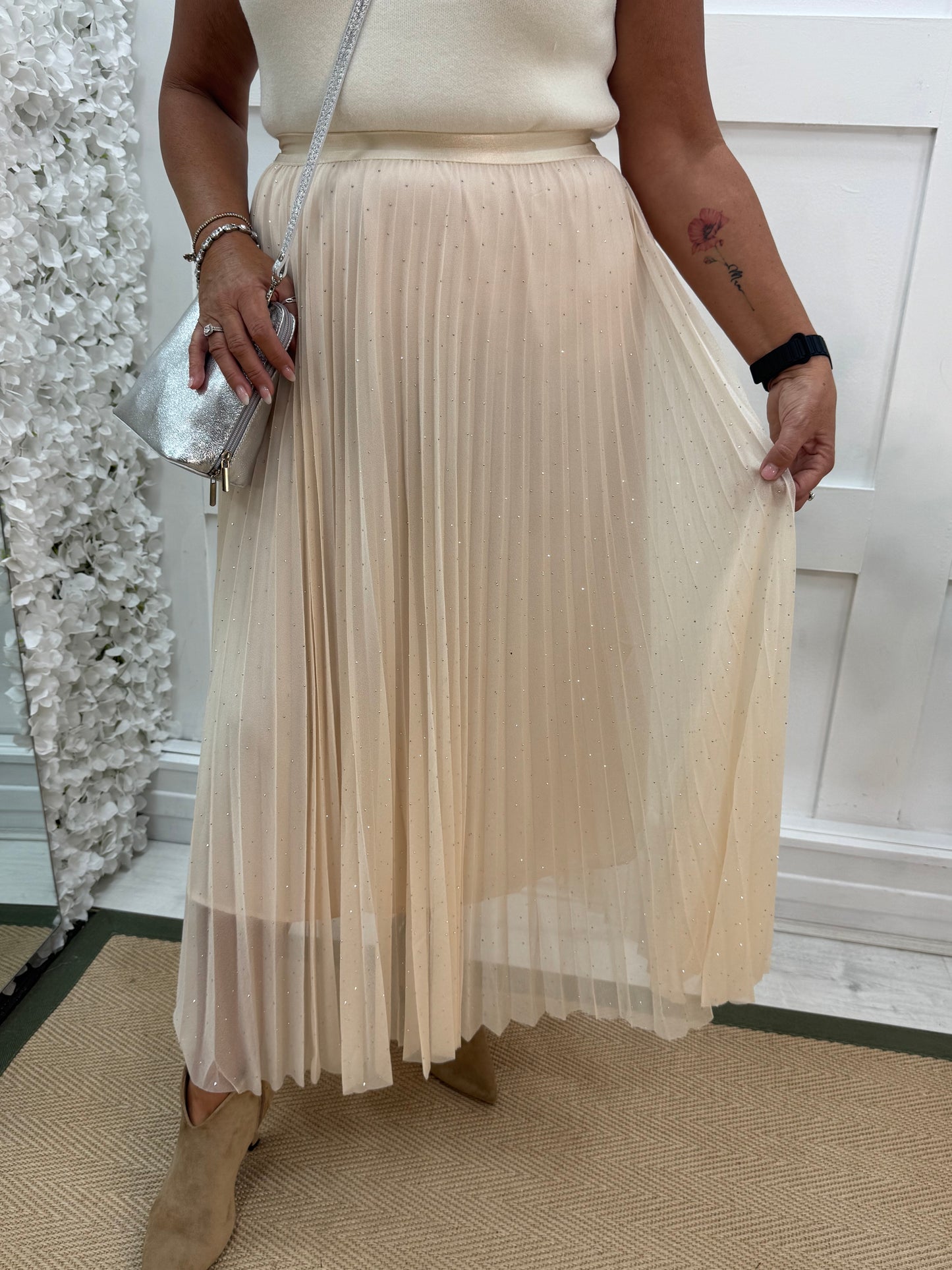 Natalie: Cream diamanté maxi skirt. One size 12-16