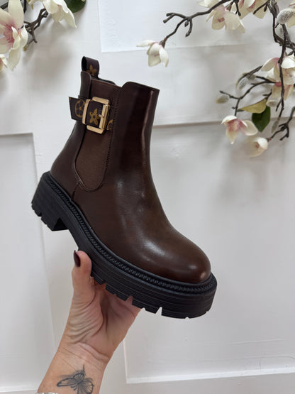 Larrie: Brown designer inspired chelsea boots. Sizes 3-8.