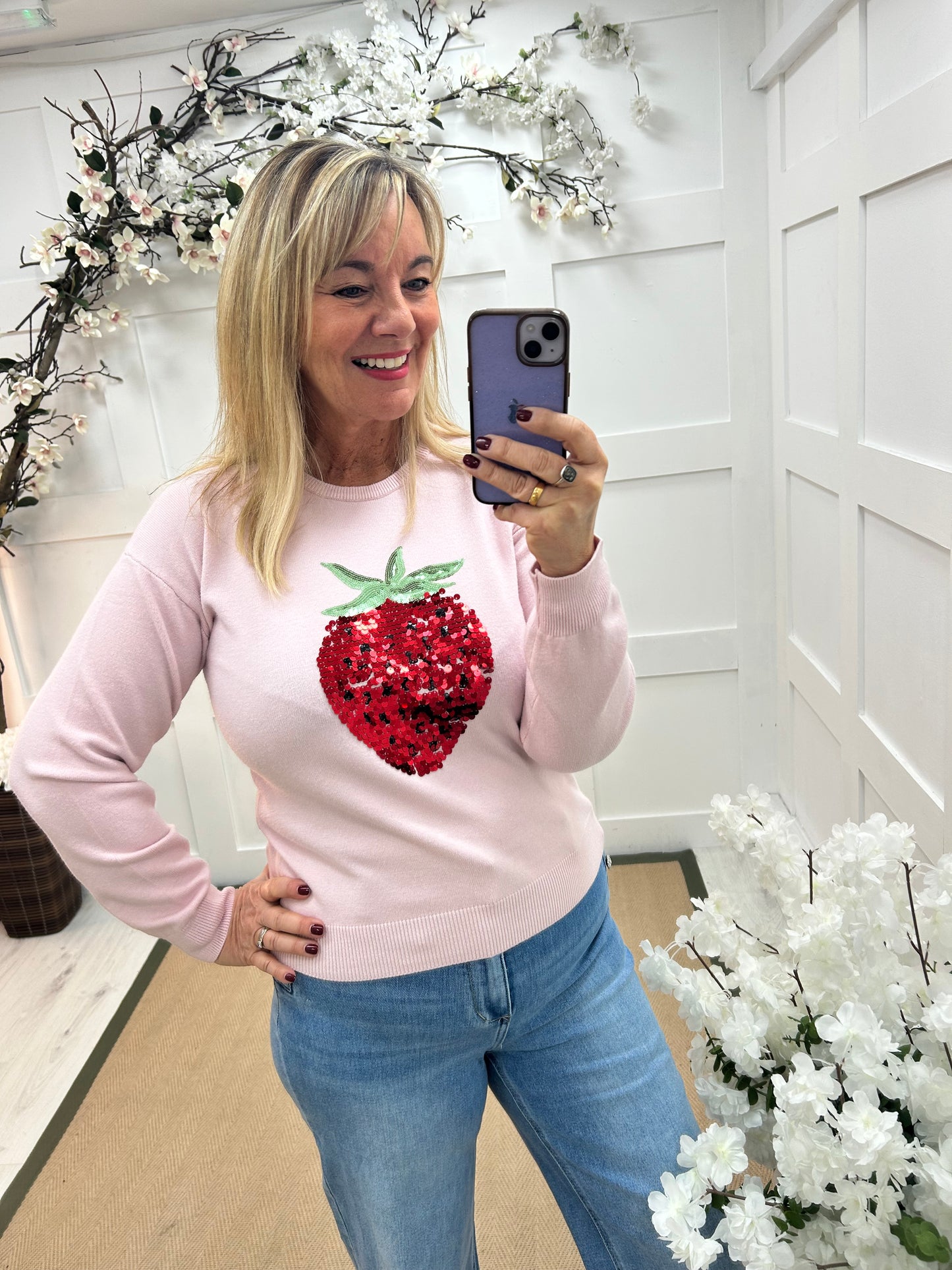 Ruby: Pink strawberry sequin embroidered knitted top. Two sizes.
